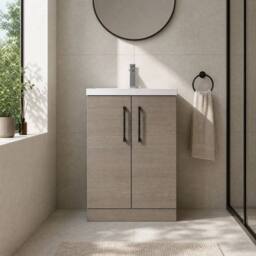 Balterley Bathroom Vanity Basin Unit, Black Handles, 600mm, Mid Oak in Brown - thumbnail 5