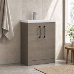 Balterley Bathroom Vanity Basin Unit, Black Handles, 600mm, Mid Oak in Brown - thumbnail 4