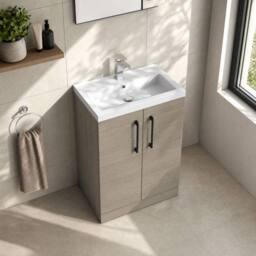 Balterley Bathroom Vanity Basin Unit, Black Handles, 600mm, Mid Oak in Brown - thumbnail 3