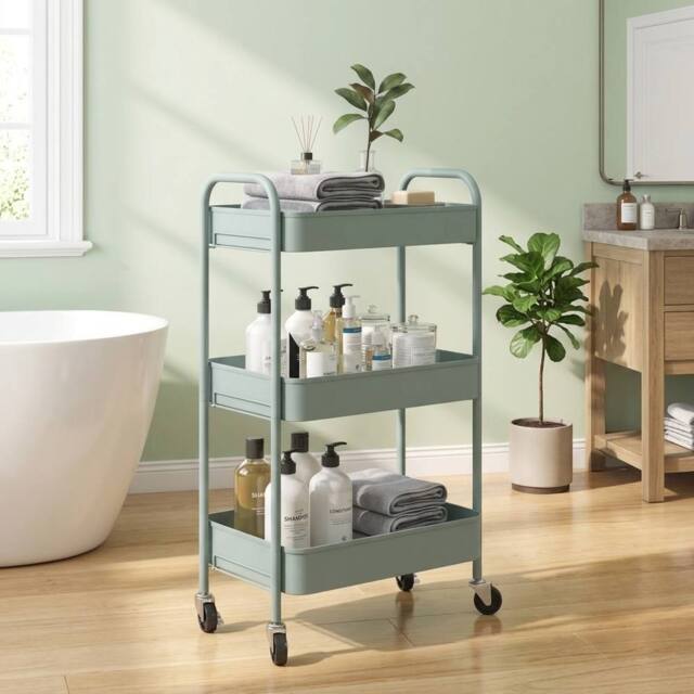 STILVORA Blue Steel Storage Trolley with Three Baskets - image 1