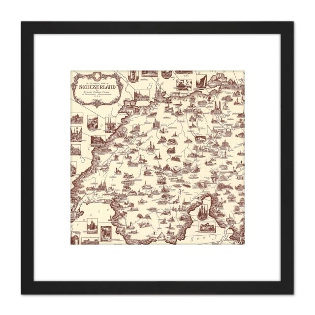 Artery8 Map Ernest Dudley Chase 1936 Switzerland Pictorial 8X8 Inch Square Wooden Framed Wall Art Print Picture with Mount in Black - image 1