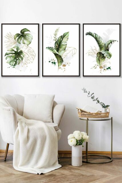 ARTZE Framed Green & Gold Botanical Leaves Framed Wall Art - Large in Black - Size: W53 cm x H73 cm x D20mm - image 1