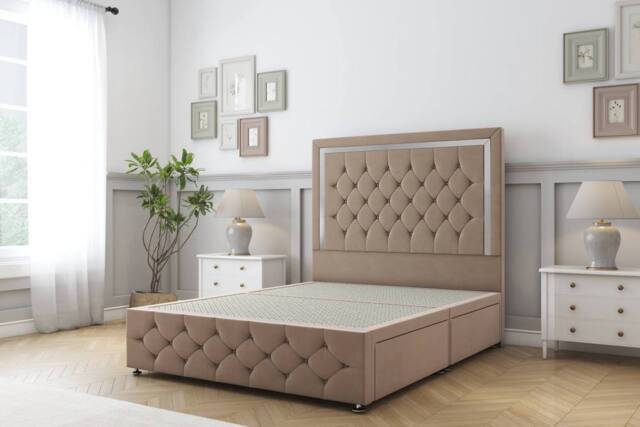"Sloomy Sofia Chrome Plush Divan Base No Drawers - 26"" Headboard-Footboard in Taupe - Size: Double" - image 1