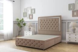 "Sloomy Sofia Chrome Plush Divan Base No Drawers - 26"" Headboard-Footboard in Taupe - Size: Double" - thumbnail 1