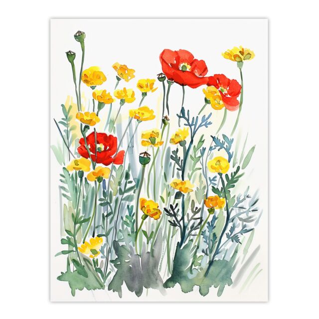 "Artery8 Red Poppies & Yellow Marigolds Wildflower Field Wall Art Print - Size: W12"" x H16""" - image 1