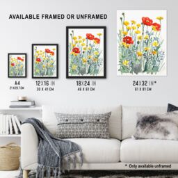 "Artery8 Red Poppies & Yellow Marigolds Wildflower Field Wall Art Print - Size: W12"" x H16""" - thumbnail 3