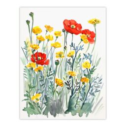 "Artery8 Red Poppies & Yellow Marigolds Wildflower Field Wall Art Print - Size: W12"" x H16""" - thumbnail 1