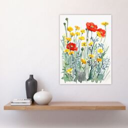 "Artery8 Red Poppies & Yellow Marigolds Wildflower Field Wall Art Print - Size: W12"" x H16""" - thumbnail 4