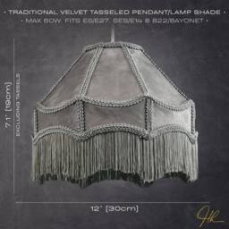 Happy Homewares Traditional Victorian Empire Soft Velvet Lamp Shade with Lengthy Tassels in Grey - Size: 12 inches - thumbnail 7