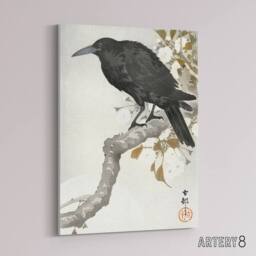 "Artery8 A Crow & The Full Moon Canvas Wall Art Print Ohara Koson in Grey - Size: W18"" x H24""" - thumbnail 2