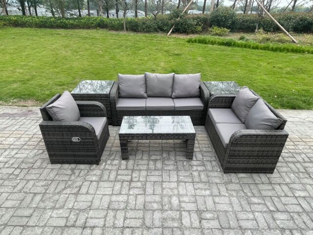 Fimous 6 Seater High Back Rattan Garden Furniture Set with Loveseat Sofa Rectangular Coffee Table 2 Side Tables Indoor Outdoor Patio Lounge Sofa Set - image 1