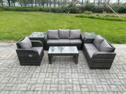 Fimous 6 Seater High Back Rattan Garden Furniture Set with Loveseat Sofa Rectangular Coffee Table 2 Side Tables Indoor Outdoor Patio Lounge Sofa Set - thumbnail 1