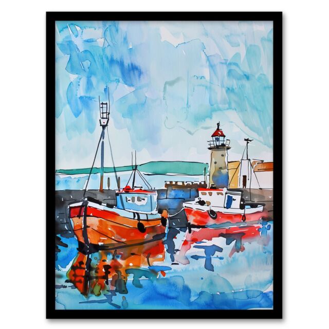 "Artery8 Newhaven Lighthouse Fishing Boats Harbour Framed Wall Art in Blue - Size: W12"" x H16""" - image 1