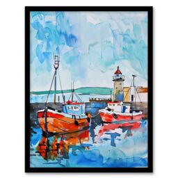 "Artery8 Newhaven Lighthouse Fishing Boats Harbour Framed Wall Art in Blue - Size: W12"" x H16""" - thumbnail 1