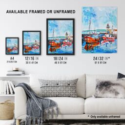 "Artery8 Newhaven Lighthouse Fishing Boats Harbour Framed Wall Art in Blue - Size: W12"" x H16""" - thumbnail 3
