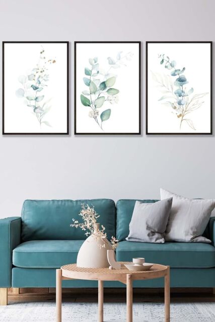 ARTZE Set of 3 Black Framed Green Blue Watercolour Eucalyptus Set 2 Wall Art in Light Green - Size: W33 cm x H45 cm x D20mm - image 1