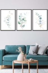 ARTZE Set of 3 Black Framed Green Blue Watercolour Eucalyptus Set 2 Wall Art in Light Green - Size: W33 cm x H45 cm x D20mm - thumbnail 1