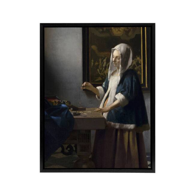 "Artery8 Woman Holding a Balance Vermeer Vintage Black Framed Canvas Wall Art in Grey - Size: W12"" x H16""" - image 1