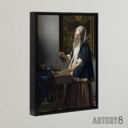 "Artery8 Woman Holding a Balance Vermeer Vintage Black Framed Canvas Wall Art in Grey - Size: W12"" x H16""" - thumbnail 2