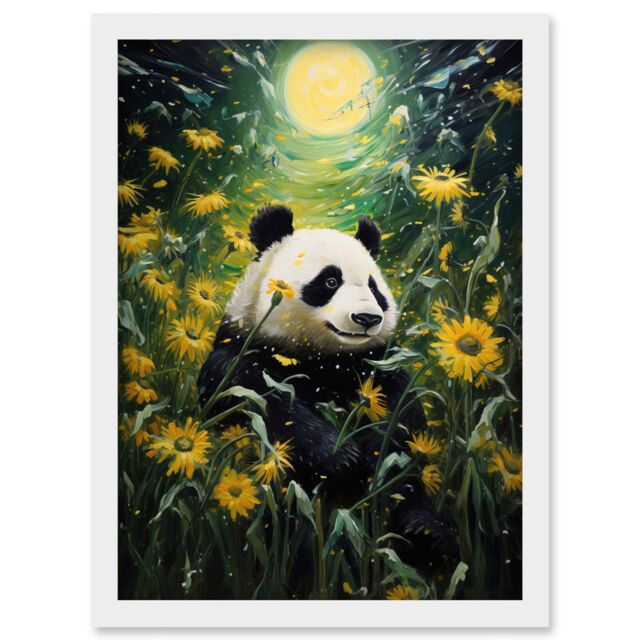 Artery8 Wall Art Print Midsummer Night's Panda Dream Oil Painting Panda Bear in a Full Moon Sunflower Field Landscape Kids Bedroom Artwork Framed A4 - image 1