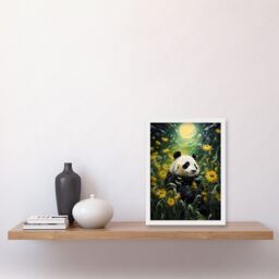 Artery8 Wall Art Print Midsummer Night's Panda Dream Oil Painting Panda Bear in a Full Moon Sunflower Field Landscape Kids Bedroom Artwork Framed A4 - thumbnail 2