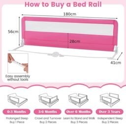 Gymax 180cm Folding Bed Rail Swing Down Bed Guard With Mesh Cloth & Straps in Pink - thumbnail 3