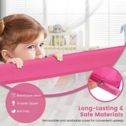 Gymax 180cm Folding Bed Rail Swing Down Bed Guard With Mesh Cloth & Straps in Pink - thumbnail 5