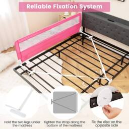 Gymax 180cm Folding Bed Rail Swing Down Bed Guard With Mesh Cloth & Straps in Pink - thumbnail 2