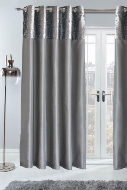 OHS Pair of Eyelet Fully Lined Crushed Velvet Band Curtains in Light Grey - Size: 167 cm width x 183 cm drop - image 1