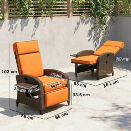 OUTSUNNY Garden Recliner with Cushion, Rattan Recliner Chair with Armrests in Orange - thumbnail 3