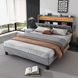 Matteo Upholstered Bed, 4ft6 double bed 135x190cm, Lower flap door storage, w/ LED light strip, 3 USB port+1 Type C, Durable & Sturdy, Youth bed, for