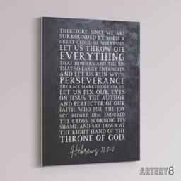 "Artery8 Hebrews 12 1 2 Fix Our Eyes on Jesus Bible Quote Canvas Wall Art Print in Grey - Size: W24"" x H32""" - thumbnail 2