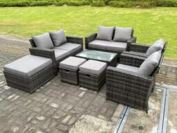 Fimous 9 Seater Dark Grey Mixed High Back Rattan Sofa Set Oblong Coffee Table Garden Furniture Outdoor Patio - thumbnail 3