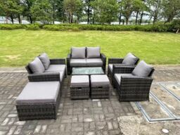 Fimous 9 Seater Dark Grey Mixed High Back Rattan Sofa Set Oblong Coffee Table Garden Furniture Outdoor Patio - thumbnail 1