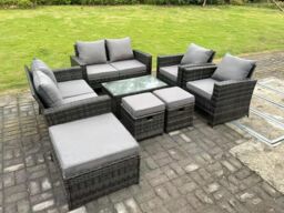 Fimous 9 Seater Dark Grey Mixed High Back Rattan Sofa Set Oblong Coffee Table Garden Furniture Outdoor Patio - thumbnail 2
