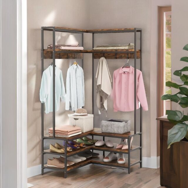 Rafaelo Mobilia Industrial L-Shaped Hall Tree Coat Rack Stand With Shoe Storage Shelves in Brown - image 1