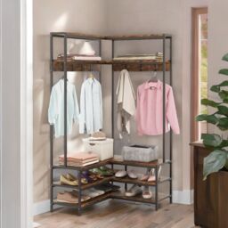 Rafaelo Mobilia Industrial L-Shaped Hall Tree Coat Rack Stand With Shoe Storage Shelves in Brown - thumbnail 1