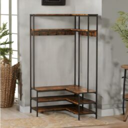 Rafaelo Mobilia Industrial L-Shaped Hall Tree Coat Rack Stand With Shoe Storage Shelves in Brown - thumbnail 3