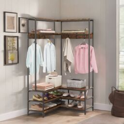 Rafaelo Mobilia Industrial L-Shaped Hall Tree Coat Rack Stand With Shoe Storage Shelves in Brown - thumbnail 2