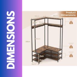 Rafaelo Mobilia Industrial L-Shaped Hall Tree Coat Rack Stand With Shoe Storage Shelves in Brown - thumbnail 6