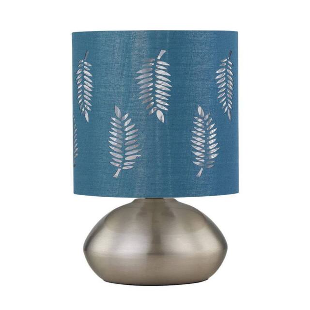 First Choice Lighting Jenson - Brushed Chrome Touch Table Lamp with Teal Fern Shade in Silver - image 1