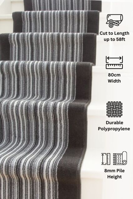 Kukoon Grey & Black Striped Cut to Measure Stair Carpet Runner Rug 80cm Wide - Size: 80 cm x 1770 cm - image 1
