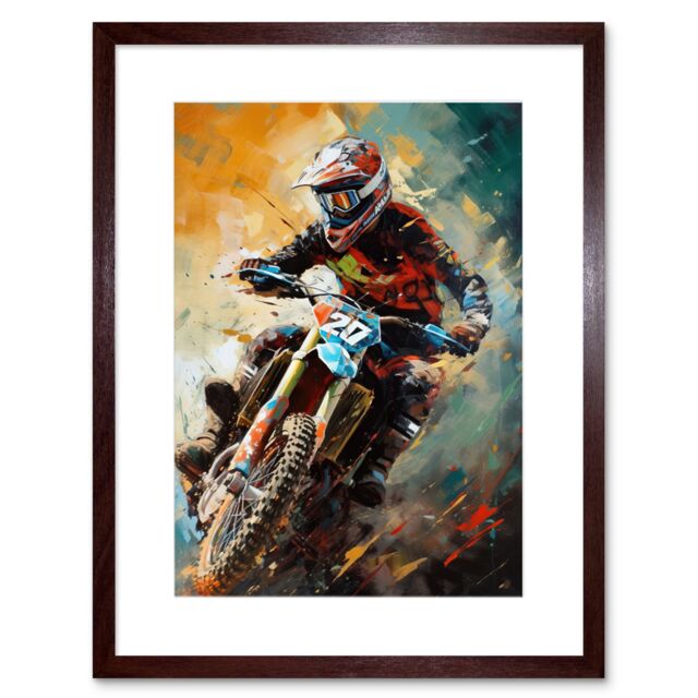 "Artery8 Wall Art Print Motocross Race Driver Sport Action Shot Painting Artwork Framed 9X7 Inch in Brown - Size: W7"" x H9""" - image 1