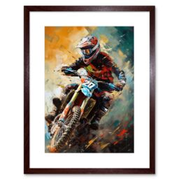 "Artery8 Wall Art Print Motocross Race Driver Sport Action Shot Painting Artwork Framed 9X7 Inch in Brown - Size: W7"" x H9""" - thumbnail 1