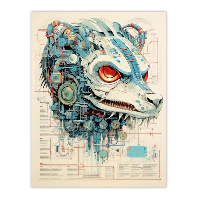 Artery8 Wall Art Print 21st Century Weapon Robot Hybrid Secret Military Schematic Blue Futuristic Complex Arcane Manuscript Gift For Him Man Cave - image 1