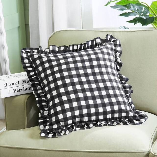 OHS 2 x Gingham Faux Linen Frill Cushion Covers - Size: 45 cm x 45 cm - image 1