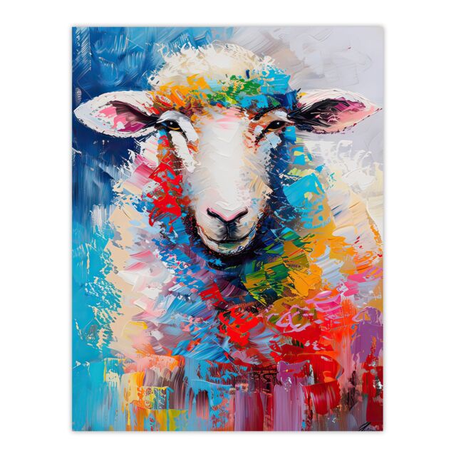 "Artery8 Colourful Sheep Fun Animal Portrait Oil Painting Wall Art Print - Size: W24"" x H32""" - image 1