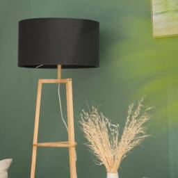 ValueLights Hiru 3 Tier Wooden Shelf Floor Lamp with Large Drum Shade & Bulb in Black - thumbnail 8