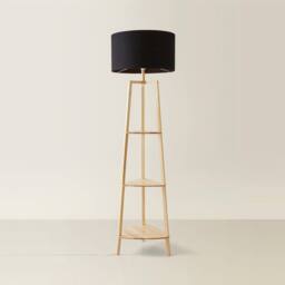 ValueLights Hiru 3 Tier Wooden Shelf Floor Lamp with Large Drum Shade & Bulb in Black - thumbnail 3