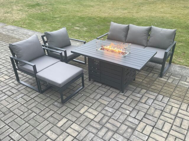 Fimous Aluminium Outdoor Garden Furniture Set Gas Fire Pit Dining Table Set Gas Heater Burner with Chair Big Footstool Dark Grey 6 Seater - image 1
